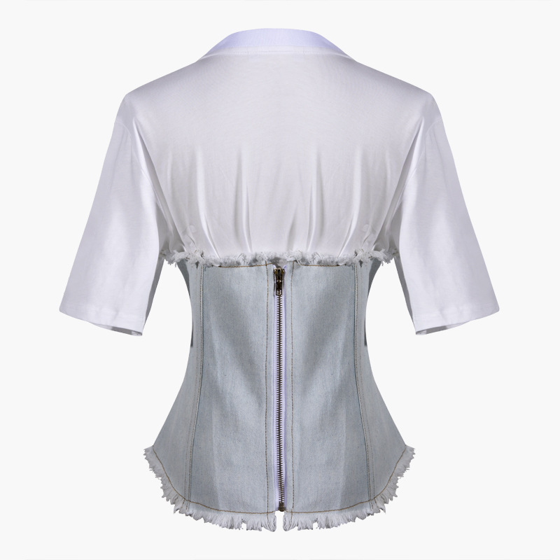 GetSpring Women T Shirt White Cotton Tshirt Corsets Denim Tee Shirts Spliced Short Sleeve Top Slim Women Tops Tee Tops T200110