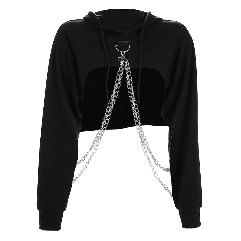 Rapwriter Punk Metal Chain Patchwork Solid Long Sleeve Hoodies Sweatshirts Women Autumn Black Hip Hop Harajuku Crop Top 201126