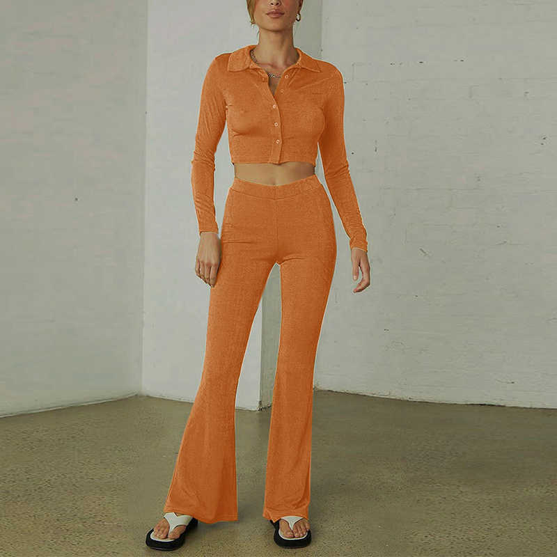 Women's Sexy Knitted Two-piece Suits Fashion Long Sleeve Single Breasted Short Shirts And High Waist Flared Pant Set Office Lady 210709