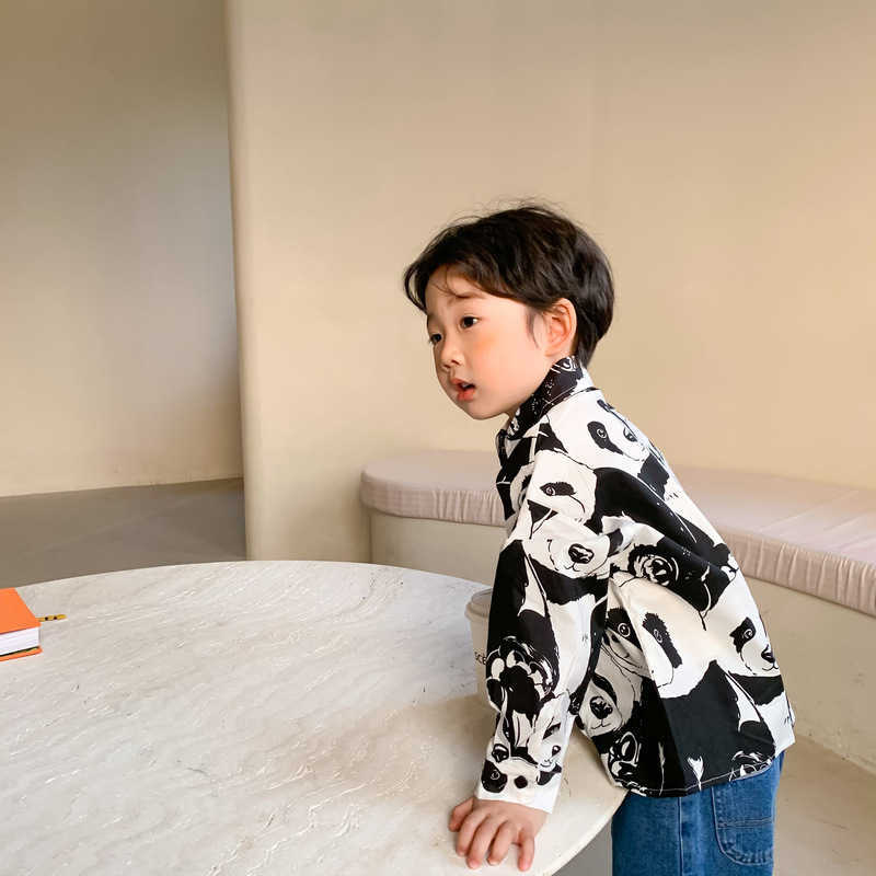 Spring fashion panda printing long sleeve shirts for boys girls casual Brother sister clothes Tops 210713