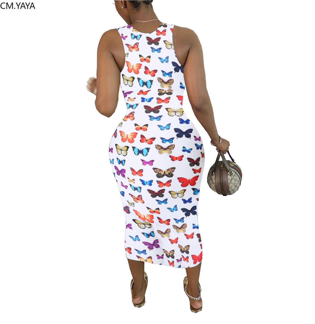 CM.YAYA Women Sleeveless V-neck Bodycon Mid-calf Length Dress Sexy Party Club Midi Bandage Pencil Dresses 210623