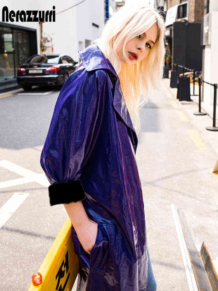 Nerazzurri Spring purple shiny womens patent leather trench coat belt raglan sleeve Oversized soft runway long coat women 211119
