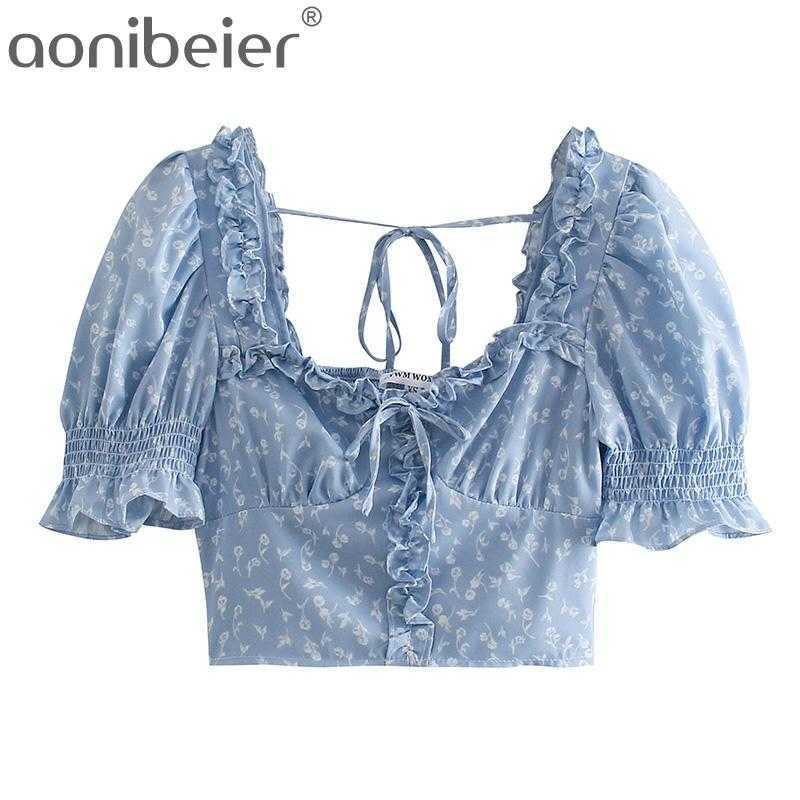Summer Fashion Printed Ruffles Trim Puff Sleeve Tie Detail Women Casual Blouses Shirred Back Slim Female Crop Tops 210604, Bl
Summer Fashion Printed Ruffles Trim Puff Sleeve Tie Detail Women Casual Blouses Shirred Back Slim Female Crop Tops 210604, Bl