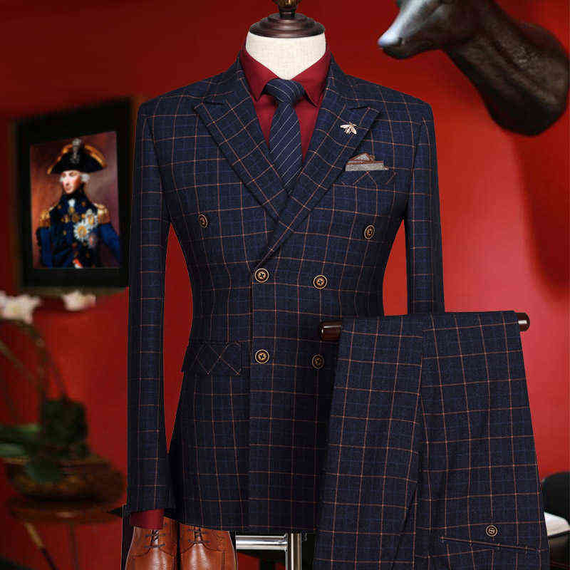 (Blazer + Vest) Wedding Suits For Men Year Gifts Winter Deep Blue Plaid Double Breasted Stage Clothes Men Formal Mens Suits 211120