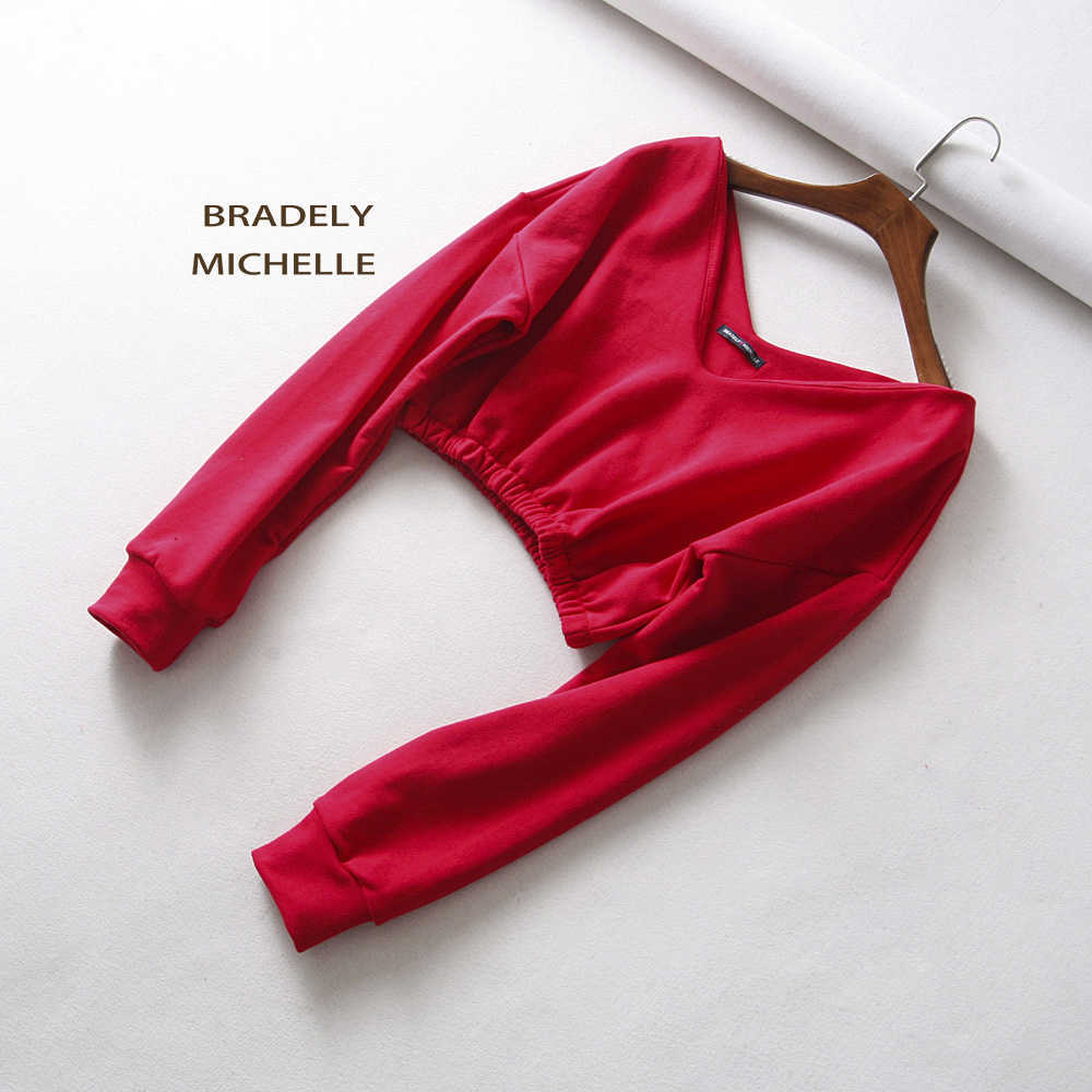 BRADELY MICHELLE women sexy sweatshirt streetwear hoodies hip pop crop top female long sleeve deep vneck pullovers 210816