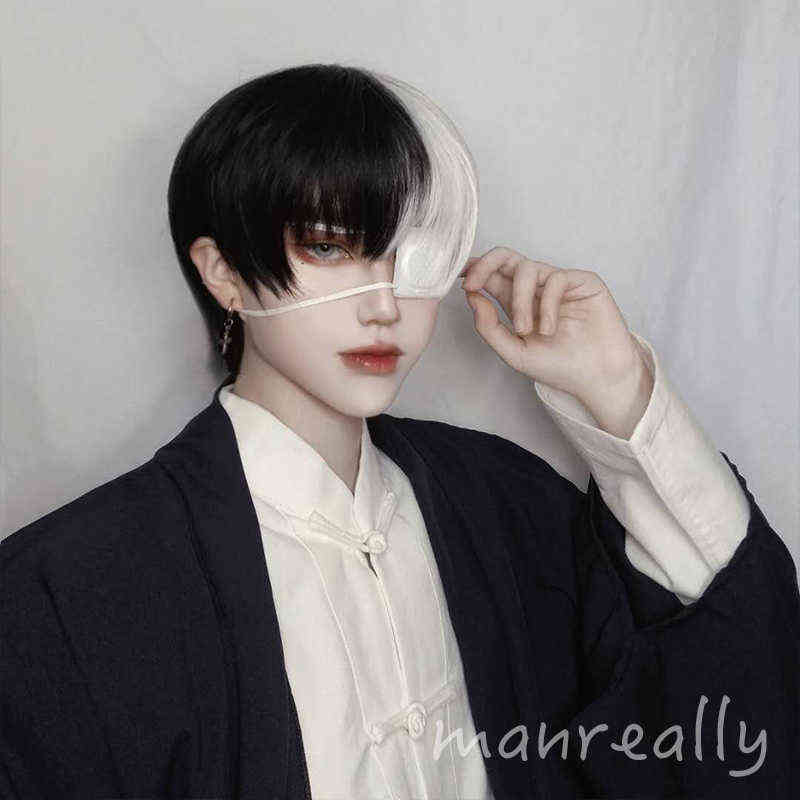 Hairpiece Short Curly Male Wig Black White Yellow Half Cosplay Anime Costume Halloween Wigs Synthetic Hair with Bangs for Men Boy Women 0121