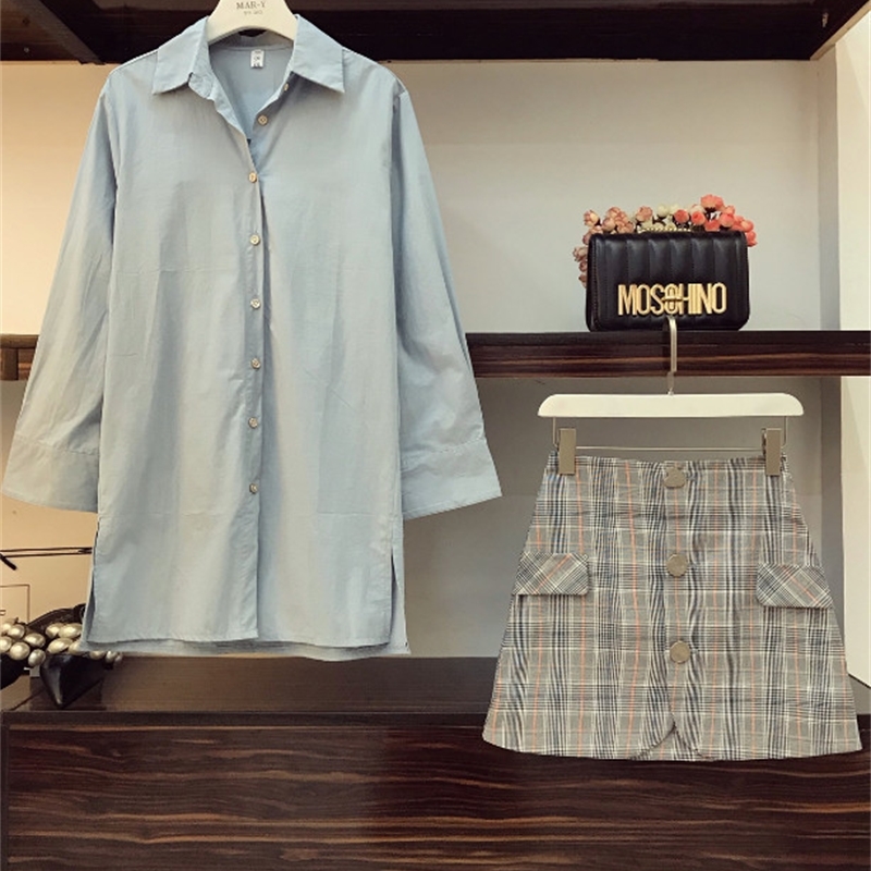 New Fall Womens Lapel Long Sleeve Blue Long Shirt High Waist Package Hip Plaid Skirt Twopiece Ladies OL Mini Skirts Set T200325