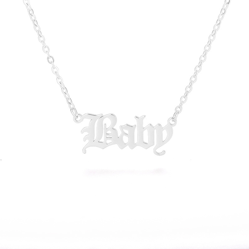 30PCS Old English Letter Word Baby Necklaces Stainless Steel Initial Alphabet Name Logo Pendant Charm Chain Minimalist Collar Choker Jewelry for Women
