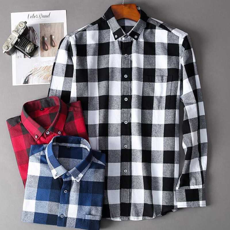 Men's Fashion Long Sleeve Brushed Flannel Shirt Single Patch Pocket Comfortable Cotton Casual Slim Fit Plaid Checkered Shirts 210721