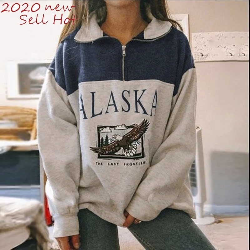 Autumn Gray Letter Embroidery Sweatshirt Women Oversized Vintage POLO Collar Casual Pullovers New Girls Warm Cotton Winter 201204