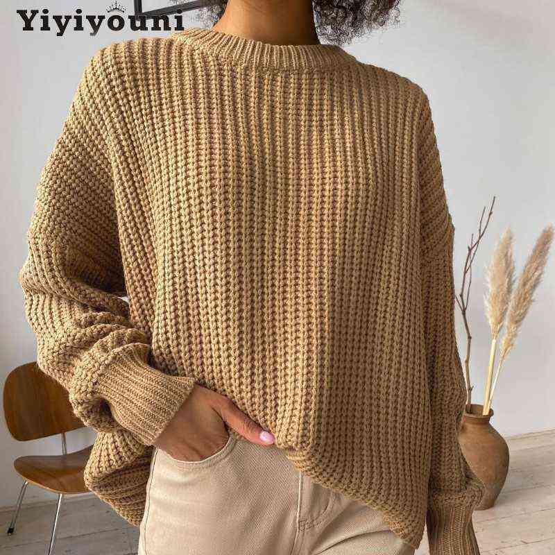 Yiyiyouni Vintage Oversized Knitted Sweater Women Elegant Thick Loose Sweater Pullovers Female Korean Fashion Solid Knitted Tops 211109