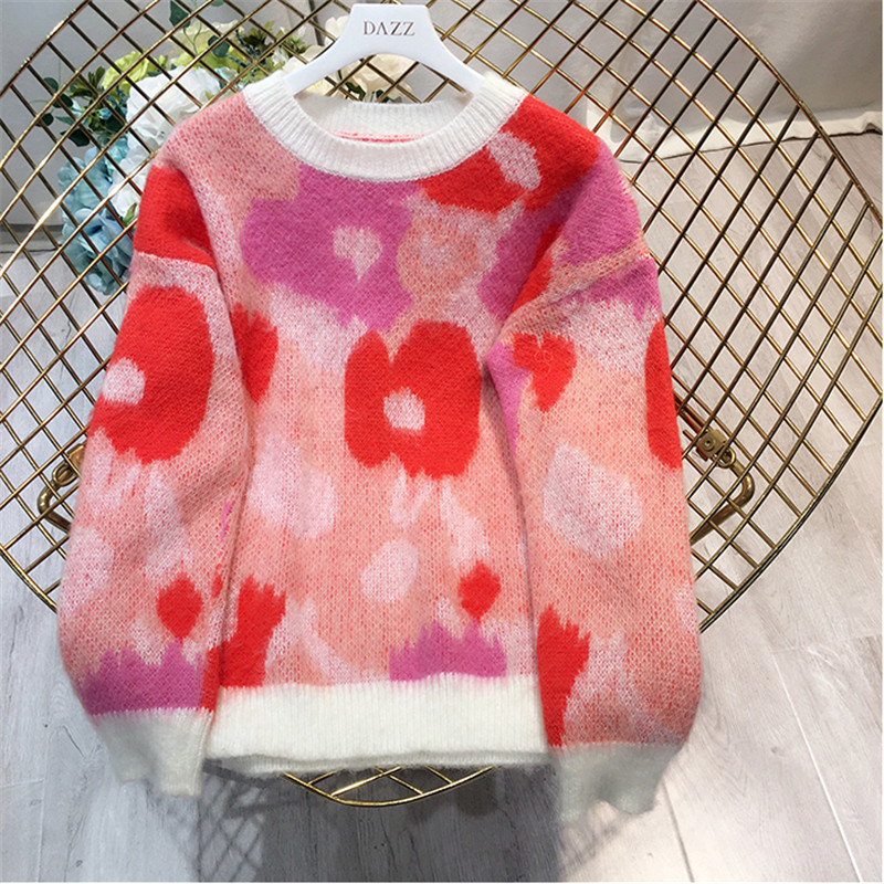 New Autumn Winter Mohair Sweater Women's Pullover O-neck Long Sleeve Flower Pattern Sweet Knitting Jumper Top pull femme C-074 210218