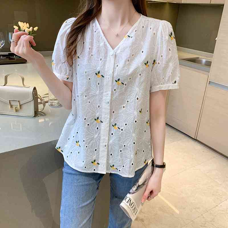 Korean Women Shirts Woman Short Sleeve Blouse Chiffon Blouses Office Lady White Tops Plus Size XXL 210531