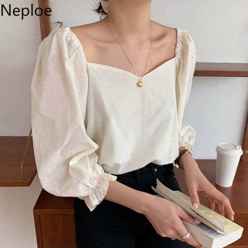Neploe Blouse Women Korean Chic Sqaure Collar Puff Sleeve Ladies Blusa Shirts Spring Fashion Casual Female Tops 1C595 210225