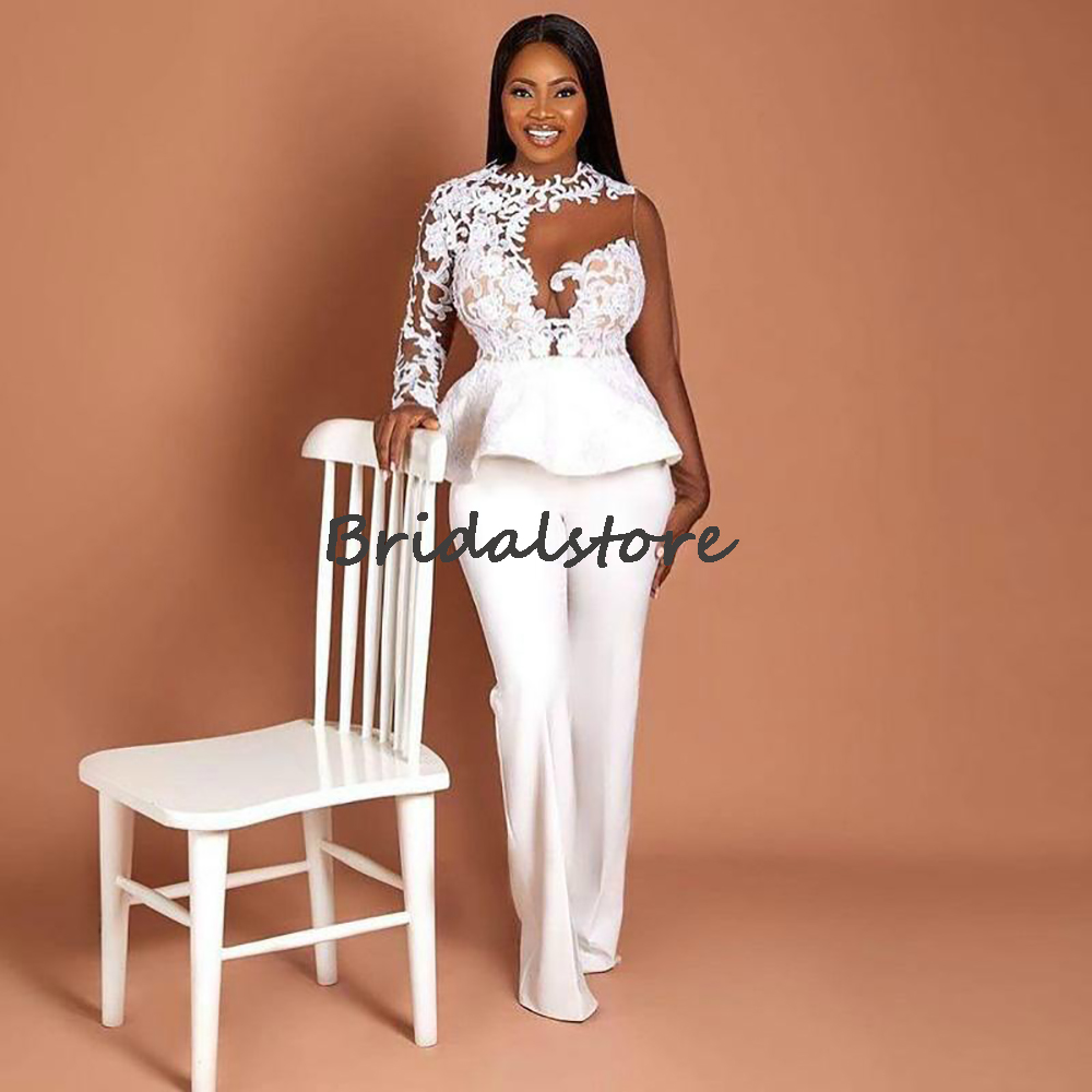 African Plus Size Pant Prom Dresses 2022 Two Piece Long Sleeve Illusion Neck Satin Evening Dress Lace Black Girls Special Occasion Party Gowns Outfits