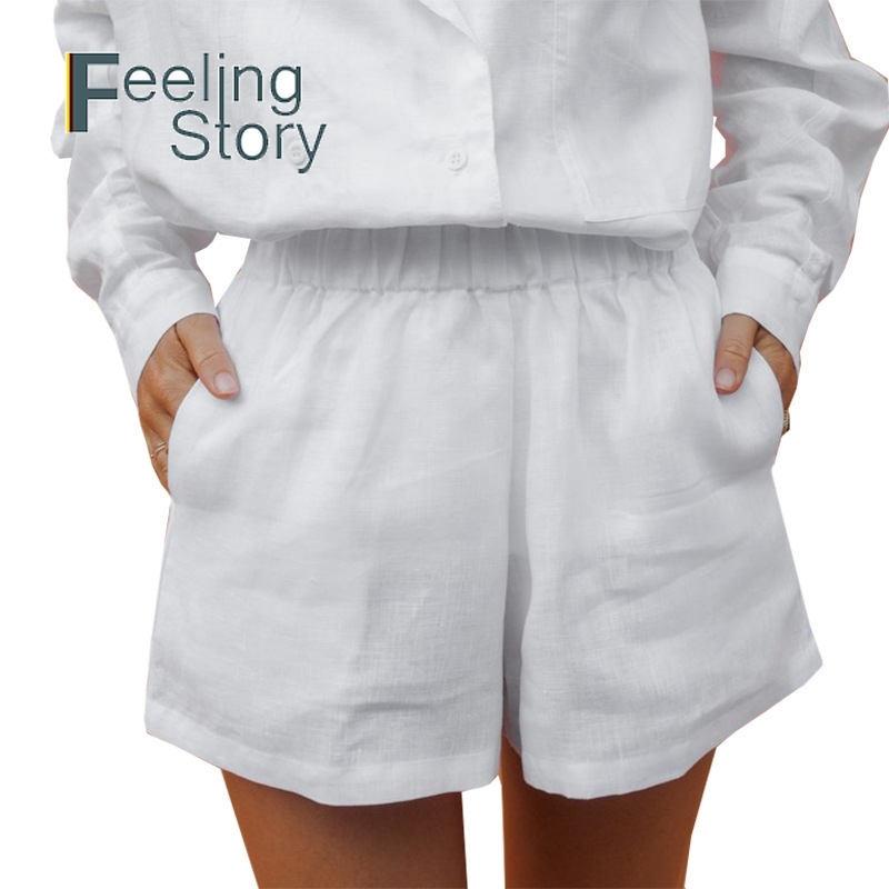 Summer Women's Cotton Linen Shorts Solid Elastic Waist Loose Casual Shorts Yellow Soft High Waisted Shorts For Women 210611