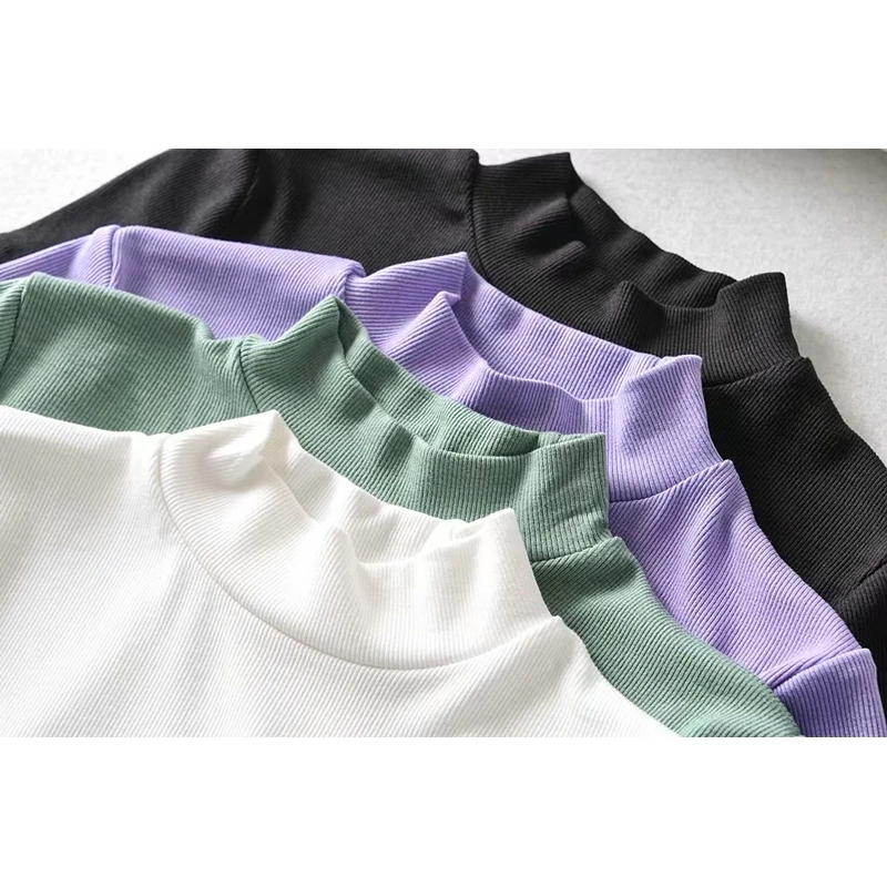 Women High Neck Fitted Short Sleeve Tshirt Rib Crop Rib Top T200614