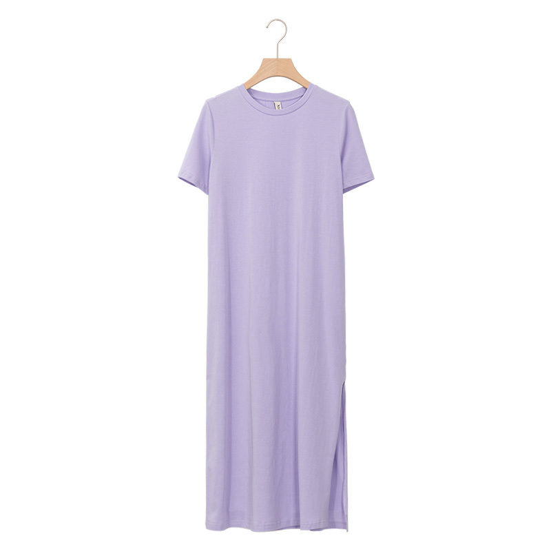 Casual Women Split Long Dress O-neck Short Sleeve Solid blue Summer Cotton T shirt Dress Sales M30465 210303