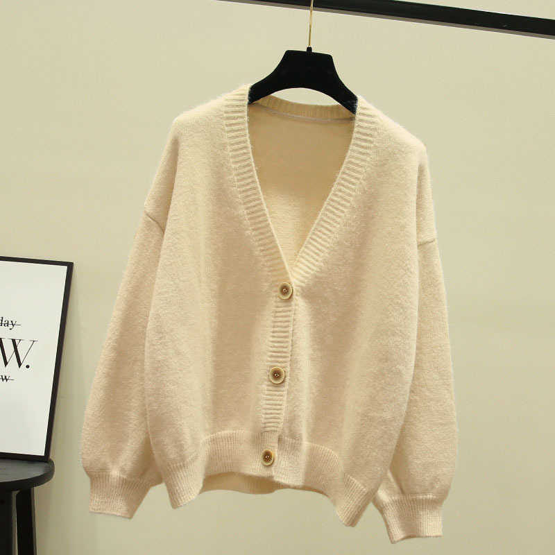 OHRYIYIE Autumn Knit Female Oversize Cardigan Women Loose Casual V Neck Knitted Sweater Fall Coat Lady Green 210914