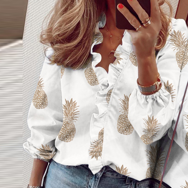 Spring Women's Blouse Lady tops women Solid Ruffle Female Shirt V-Neck Full Sleeve Casual Print shirts women clothing 210308