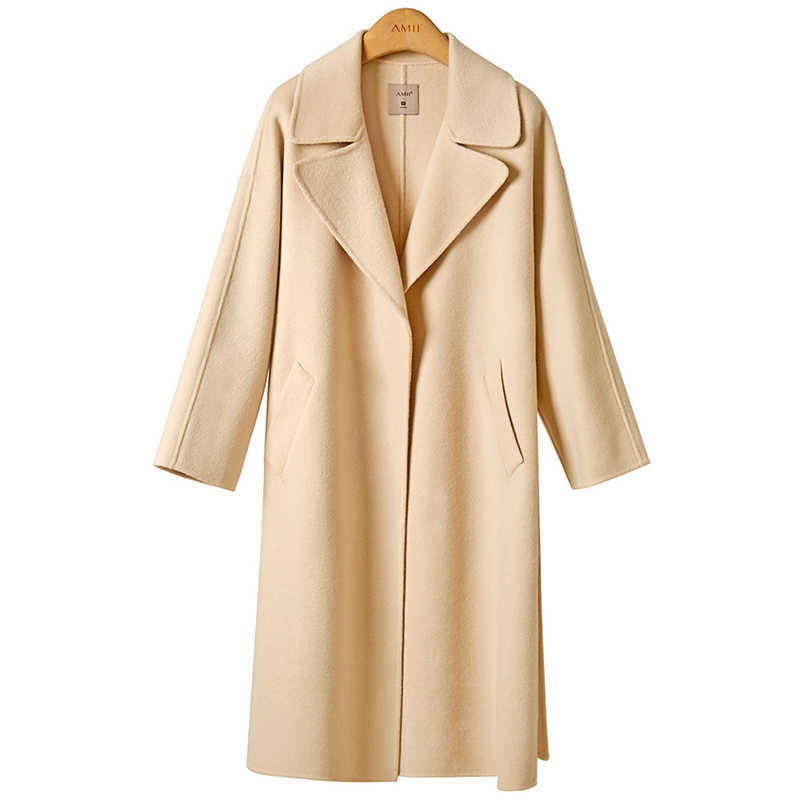 Minimalism Women Winter Solid Double Woolen Coat Fashion Causal Lapel Belt 100%Wool Female Long 11970505 210527