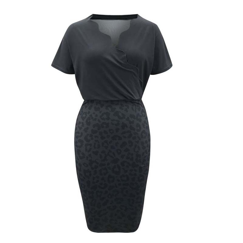 Women Summer Pencil Dress Elegant Ruffle V-Neck Short Sleeve Elastic Waist Leopard Print Slim Package Hips Party Vestidos 210526