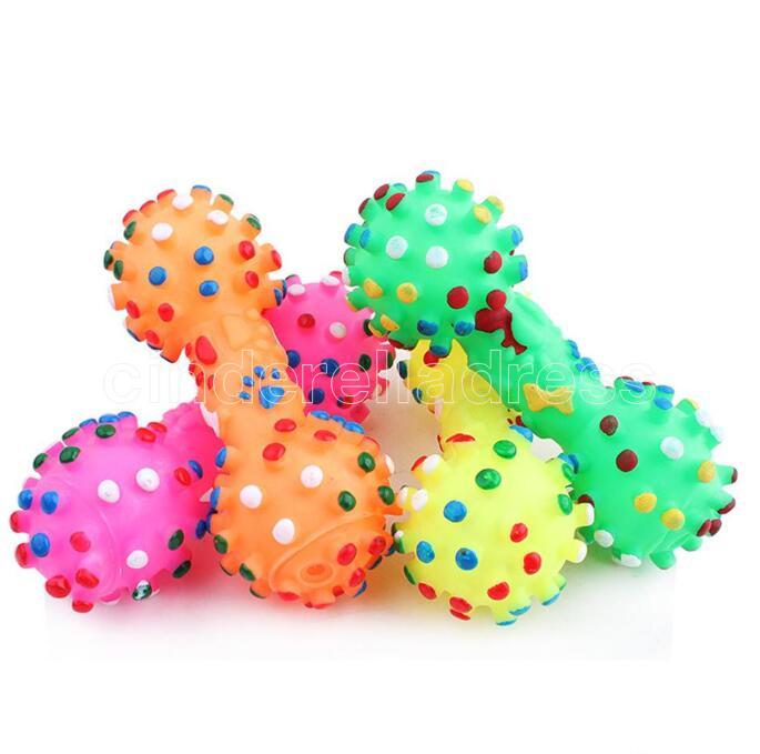 free shipping Colorful Dotted Dumbbell Shaped Dog Squeeze Squeaky Faux Bone Pet Chew Toys For Dogs DHL B0520A01