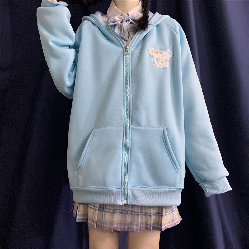 HOUZHOU Korean Style Women Hoodies Winter Fashion Kawaii Rabbit Ears Sweatshirt Long Sleeve Loose Embroidery Zip Up Hoodie 201211