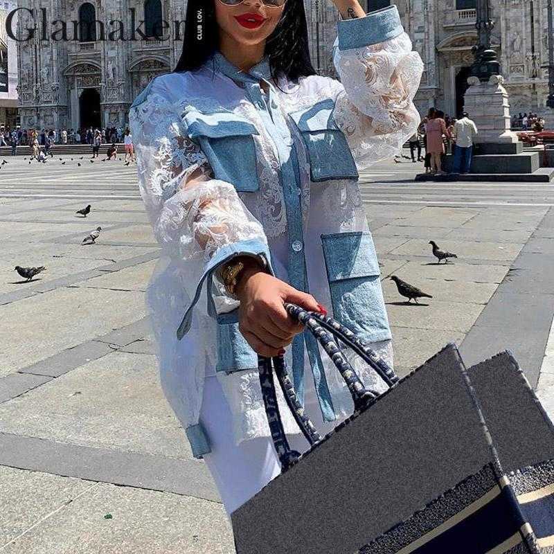 Glamaker Denim patchwork blouse shirt women Streetwear transparent autumn shirt top Sexy long sleeve lace white blouse ladies T191231