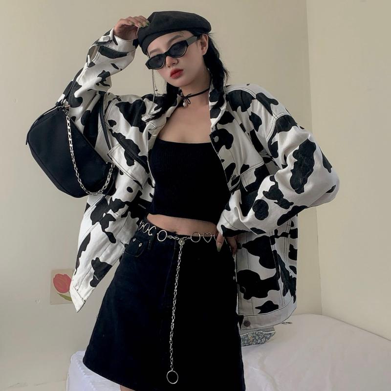 Women's Jackets Autumn Winter Women Jacket Cute Milk Cow Pattern Print Turn-down Collar Coat Overcoat Girl Casual Outifts Outwear