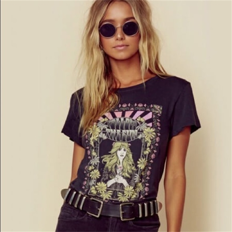 VINTAGE INSPIRED follow the sun Tee black boho t shirt O-neck spring summer new tops women short sleeve chic women t-shirts 210306