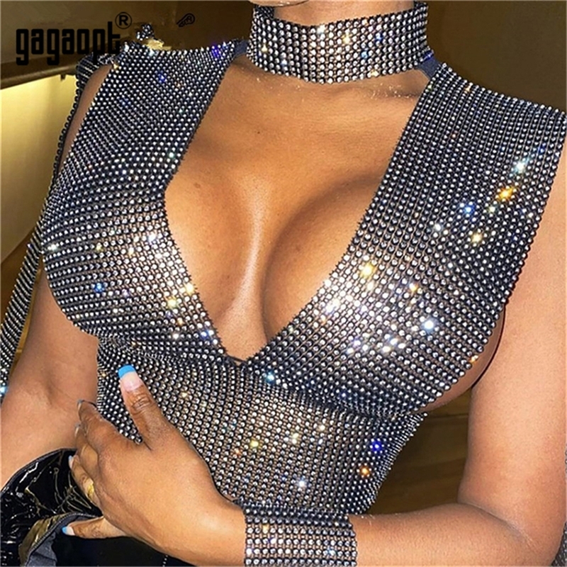Gagaopt Bling Rhinestone Tank Top Sexy Deep V Neck See Through Patchwork Hollow Out Crop Top Party Night Club Lady Hot Tank Tops 210308