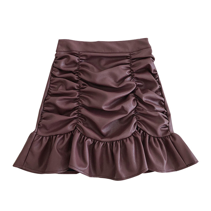 Sweet Pleated Ruffles Small Leather Skirt Womens Autumn Korean High Waist A Shaped Hip Skirt for women Culottes Vintage 210306
