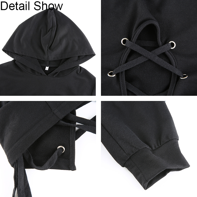 Cross Bandage Tie Up Backless Black Pink Hoodie Sweatshirt Women Autumn Long Sleeve harajuku Hoodies Pullover Crop Tops 201103