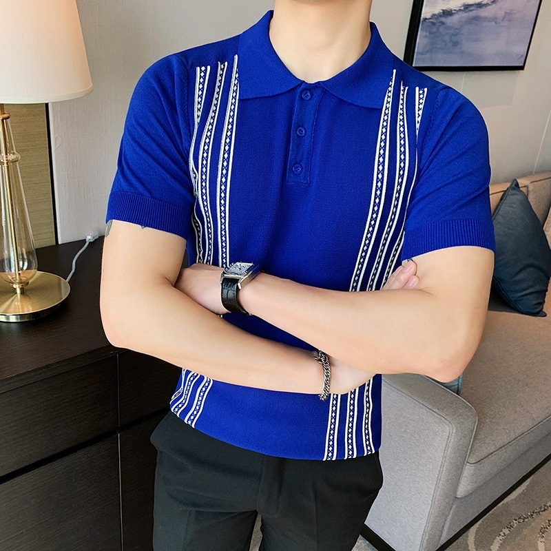 Social Knitting Slim Polo British Style Stripes Polo Shirt Men Summer Short Sleeve Men's Polos Slim Fit Casual Polo Homme 3XL 210308