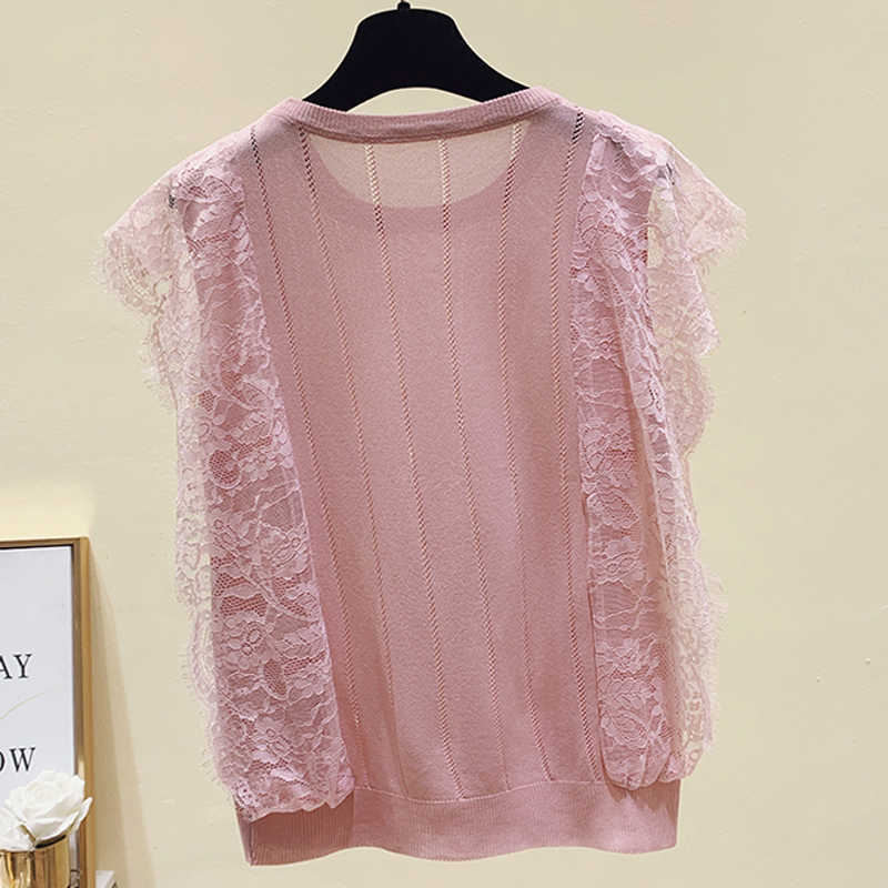 Spring Summer Korean Women Mesh Shirt Sleeveless O-Neck Lace Knitted Patchwork Tops Chic Solid Hollow Out Clothes Blusas 13635 210528wtt