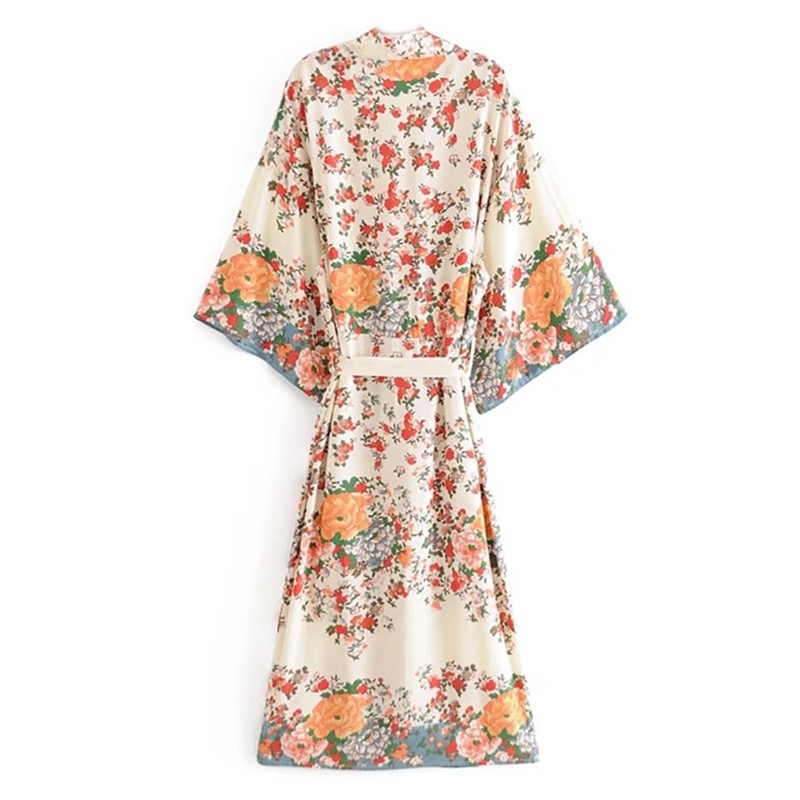BOHO Location Floral Print Long Kimono Shirt Beige Hippie Women Lacing up Tie Bow Sashes Long Cardigan Loose Blouse Tops Holiday 210225