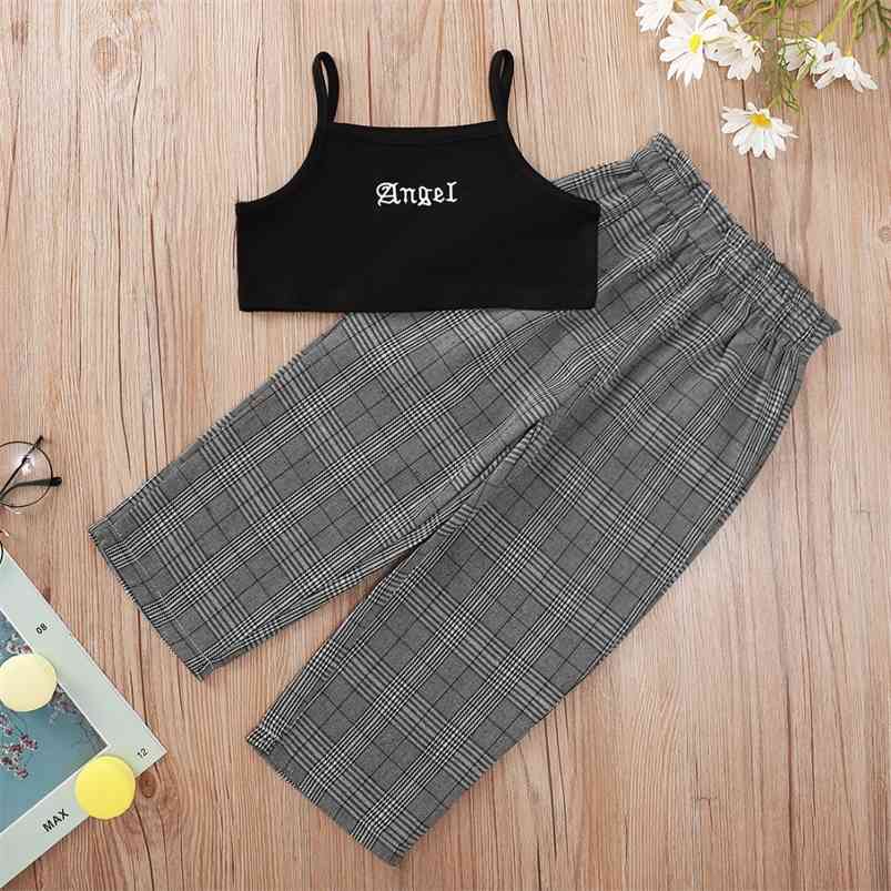 Summer Children Sets Strap Letter Black Tops Gray Plaid Trousers Cute Girls Boys Clothes Set 3-10T 210629
Summer Children Sets Strap Letter Black Tops Gray Plaid Trousers Cute Girls Boys Clothes Set 3-10T 210629