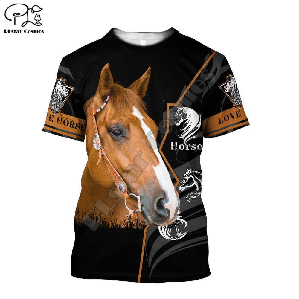 PLstar Cosmos Beautiful Horse 3D Printing Fashion Animal Harajuku Summer T-shirt Fun Short-Sleeved Top Street Unisex Style-3 210629