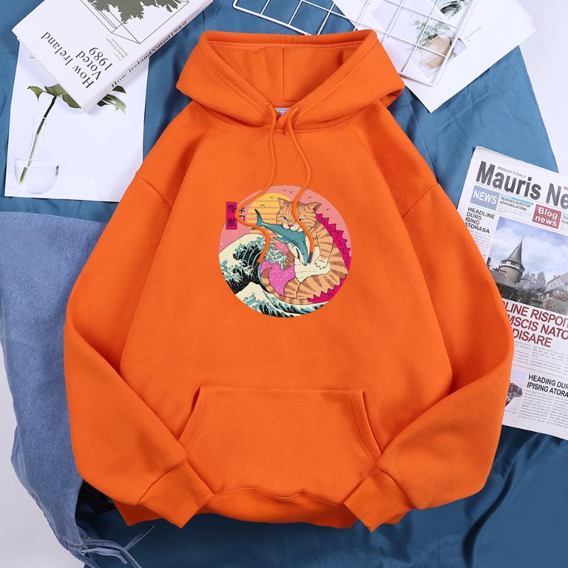 Men's Hoodies & Sweatshirts Ukiyoe Japanese Cat Cartoon Catana Print Man Street Designer Hoody Sport Trendy Style Hooded Mens Tracksuit