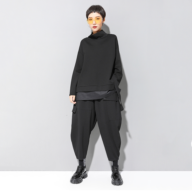 [EAM] Loose Fit Asymmetrical Oversized Sweatshirt New High Collar Long Sleeve Women Big Size Fashion Spring Autumn 19A-a124 201102