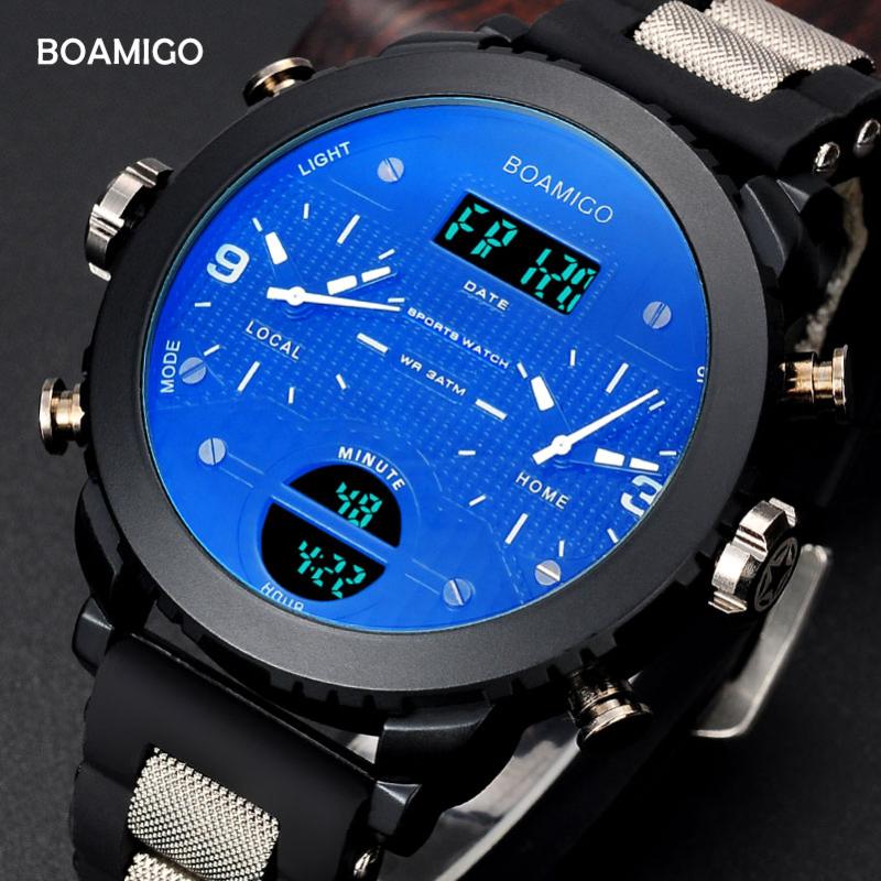 Wristwatches Brand BOAMIGO 3 Time Zone Military Sport Watch Waterproof Reloj Male LED Digital Quartz Wrist Watches Gift Relogio Masculino, Red with box
