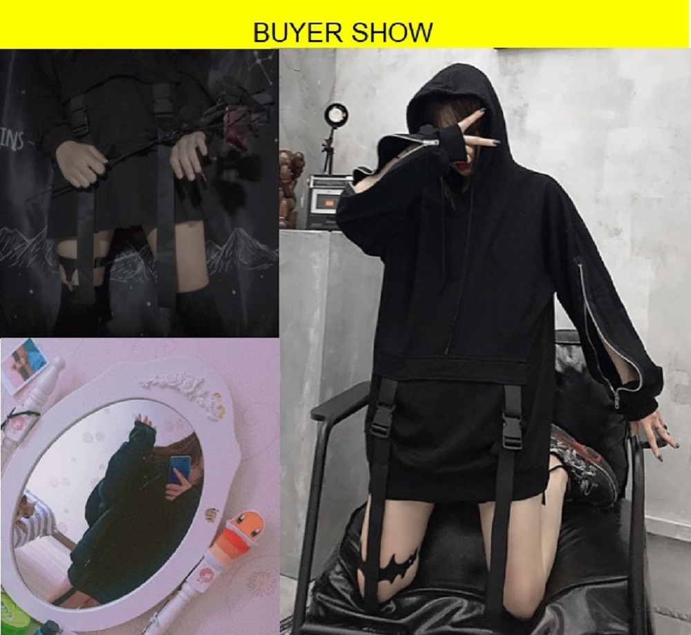 Rosetic Zipper Deign Gothic Women Hoodie Hooded Plus Size Loose Sweatshirt Pullover Streetwear Black Hoodies Drawstring 201204
