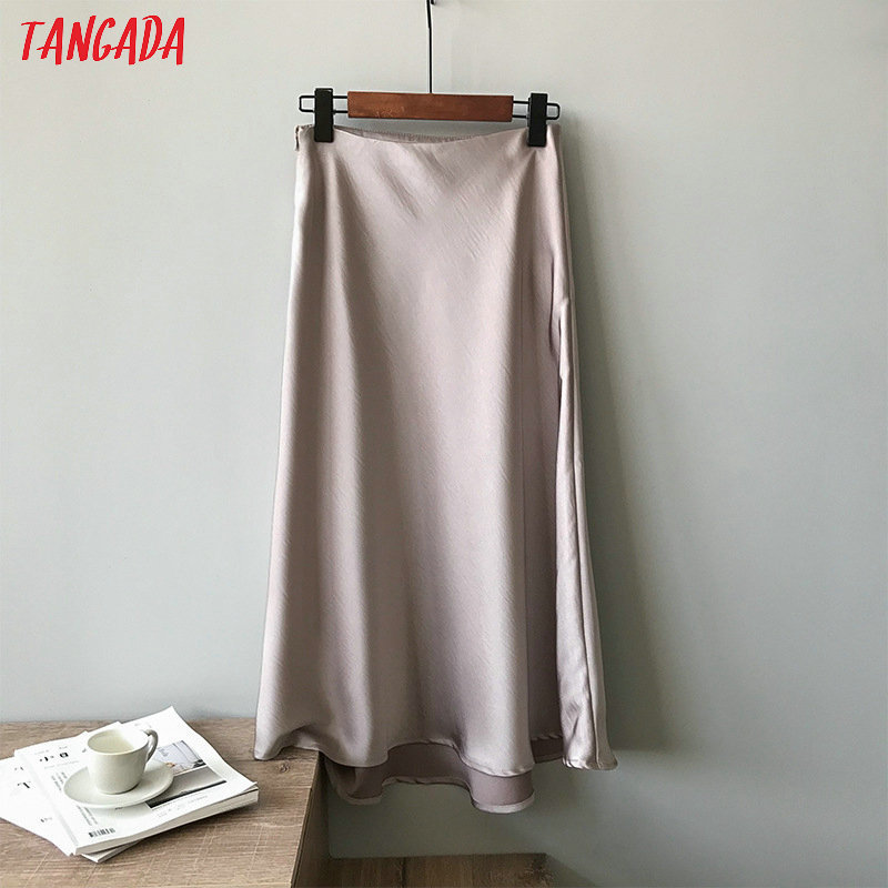 Tangada women solid A-line midi skirt faldas mujer vintage side zipper office ladies kirts high quality ASF42 210309