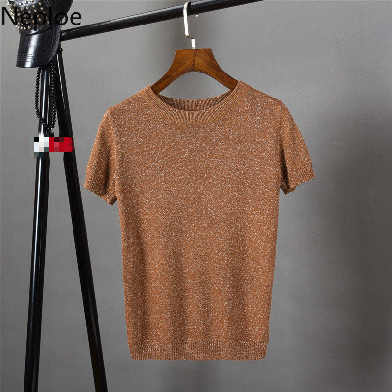 Neploe Lurex Knitted Women T Shirts Spring Summer Solid Korean O Neck Short Sleeve Tees Casual Stretch Female Tops 80612 210306
