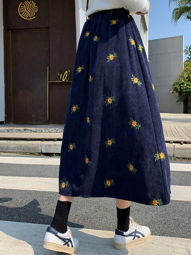 SURMIITRO Corduroy Midi Long Skirt Women Autumn Winter Korean Floral Embroidery Mid-Length High Waist A Line Skirt Female 211119