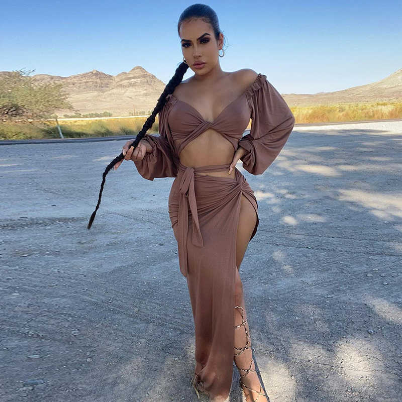 Colysmo 2 Piece Set Women Tie Up Long Sleeve Crop Top Black Split Skirts Beach Party Wear 2 Skirt Sexy Clothes 210527