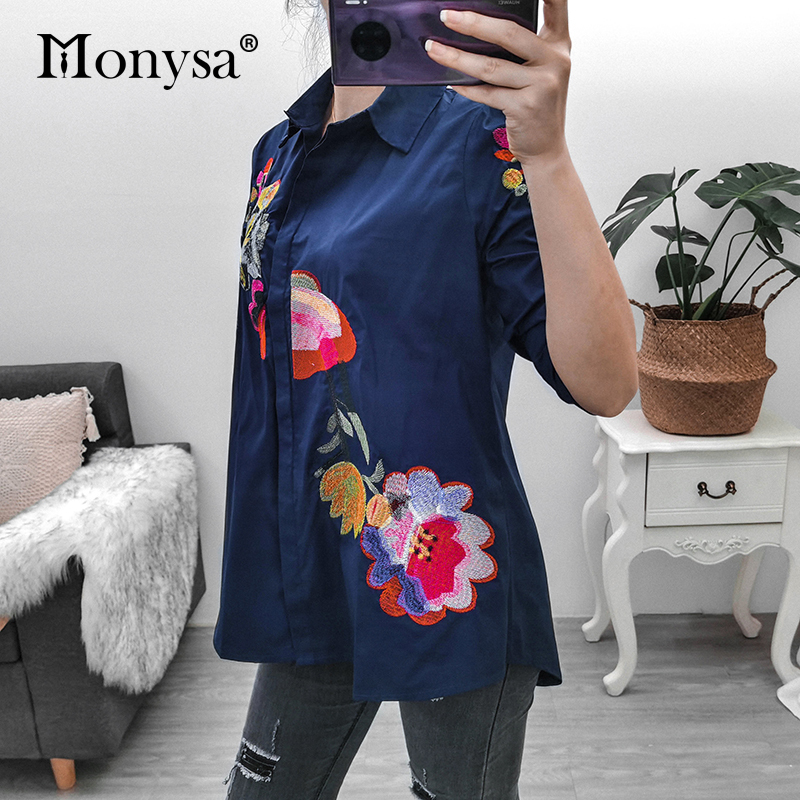 Plus Size Tops Women New Arrival Summer Half Sleeve Floral Embroidery Blouses Ladies Loose Casual Long Shirt White Blue 210225