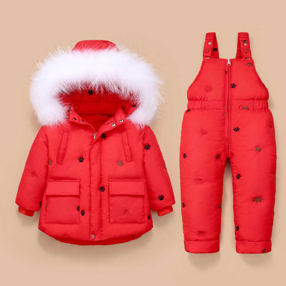 Mudkingdom Baby Girls Winter Down Snowsuit Set Embroidery Overalls Fur Hood Toddler Year Clothing 210615