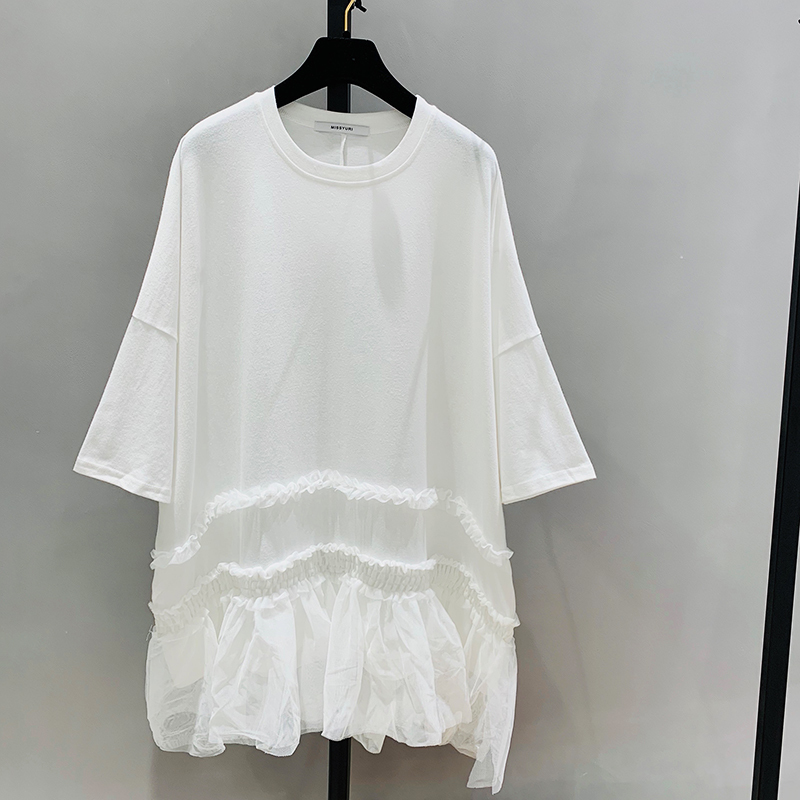 [EWQ] Spring Sweet T-shirt Mesh Stitching Top Student Plus Size Short Sleeved Summer T Shirt Oversize Pullover Shirts Black 210306